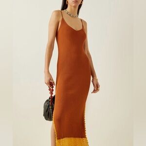 STAUD Brown and Yellow Midi Dress